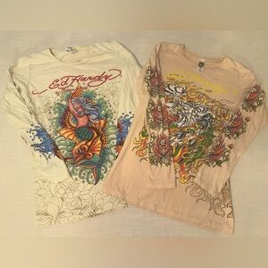 Ed Hardy Women’s Long Sleeve Tees - Cream and Tan with Graphic Designs